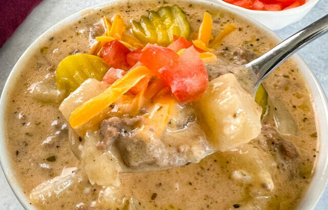 a spoonful of cheeseburger soup