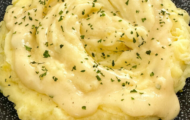 Southern buttermilk mashed potatoes in a black bowl