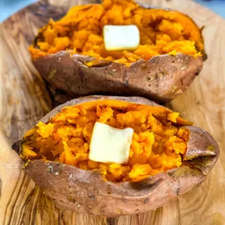 smoked sweet potatoes in butter on a flat surface