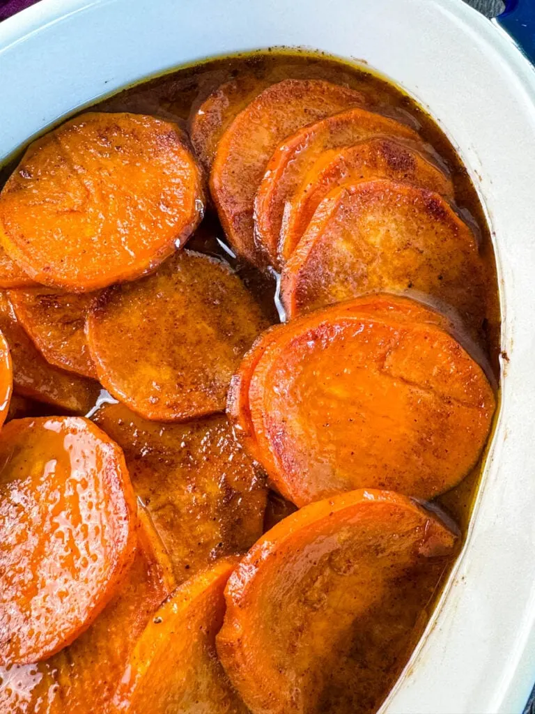 Southern soul food candied sweet potatoes in a baking dish