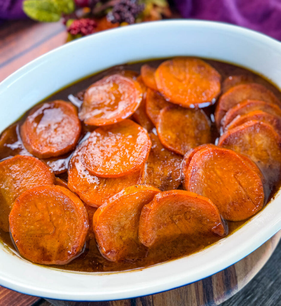 Southern soul food candied sweet potatoes in a baking dish