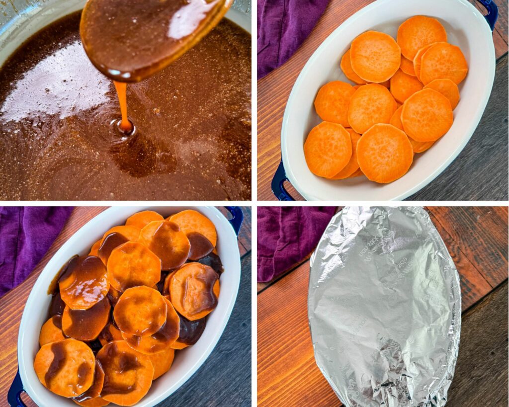 a collage of 4 photos with candied sweet potato glaze, sliced sweet potato rounds, and glaze in a baking dish