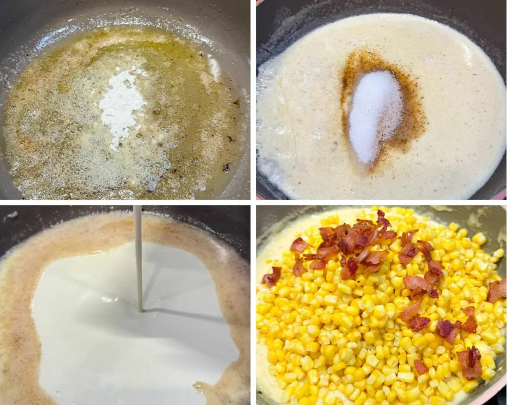 collage of 4 photos with butter, flour, heavy cream, corn, and bacon in a skillet