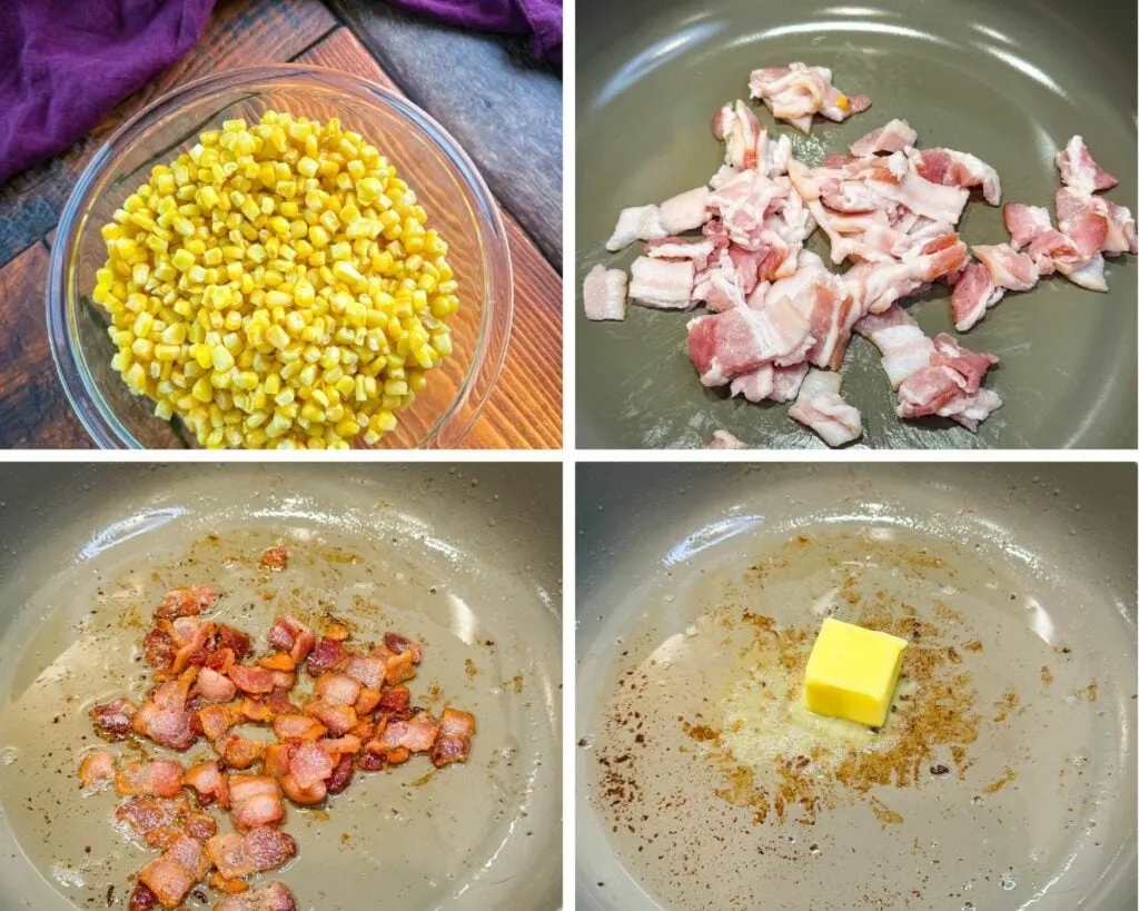 collage of 4 photos with corn, bacon, and butter in a skillet