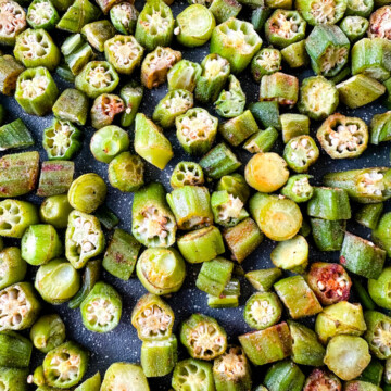 roasted okra on a sheet pan