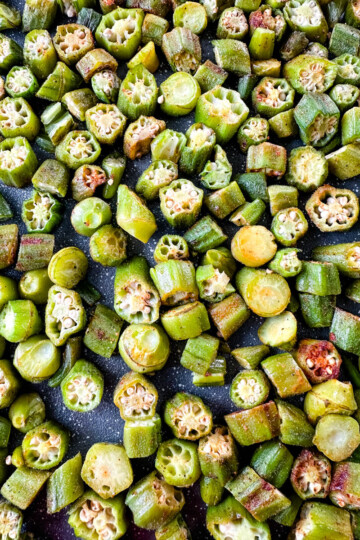 roasted okra on a sheet pan