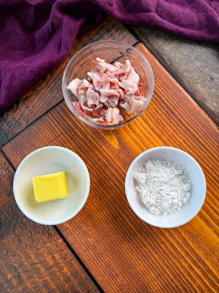 bacon, butter, and flour in separate bowls