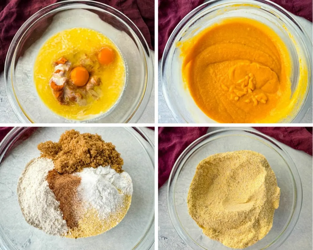 dry and wet ingredients for sweet potato cornbread batter in a glass bowl