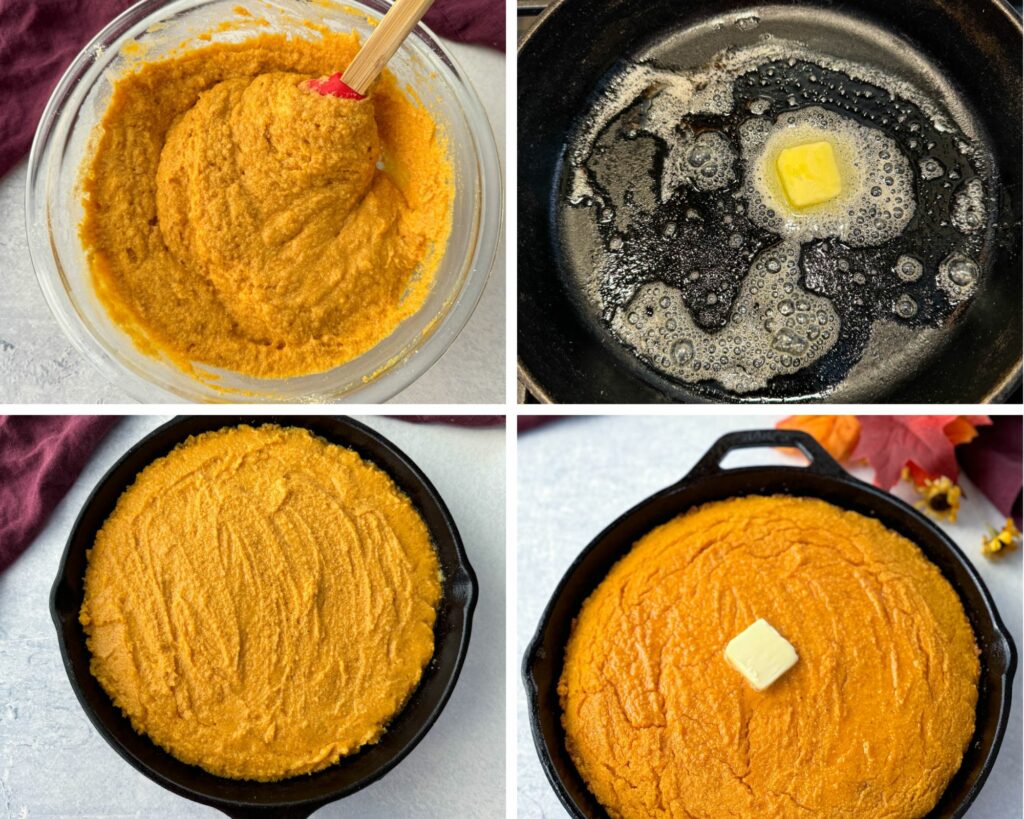sweet potato cornbread batter in a glass bowl and a cast iron skillet with butter