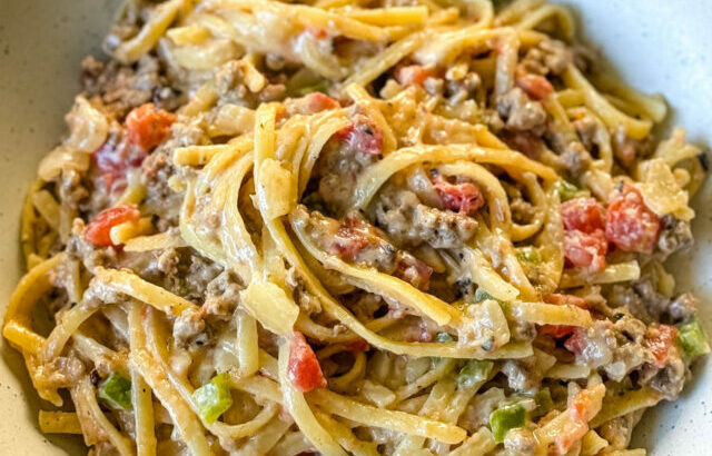 beef alfredo pasta in a white bowl