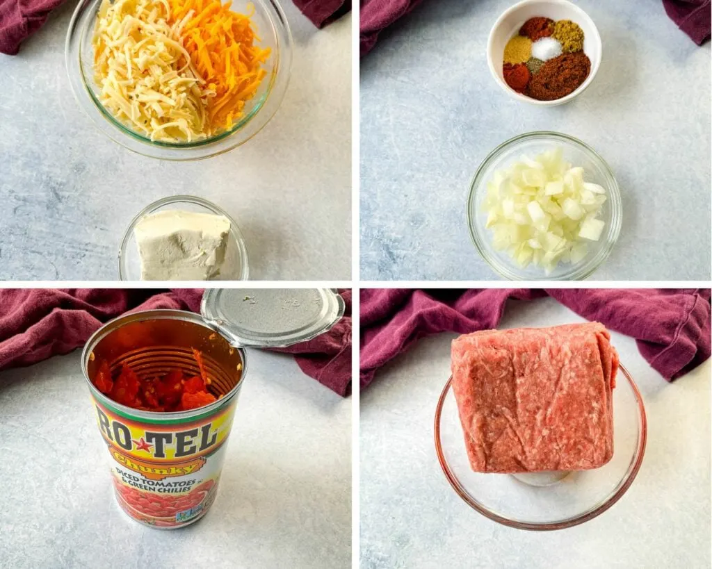 grated cheddar cheese, cream cheese, homemade taco seasoning, diced onions, canned Rotel, and raw ground beef in separate bowls