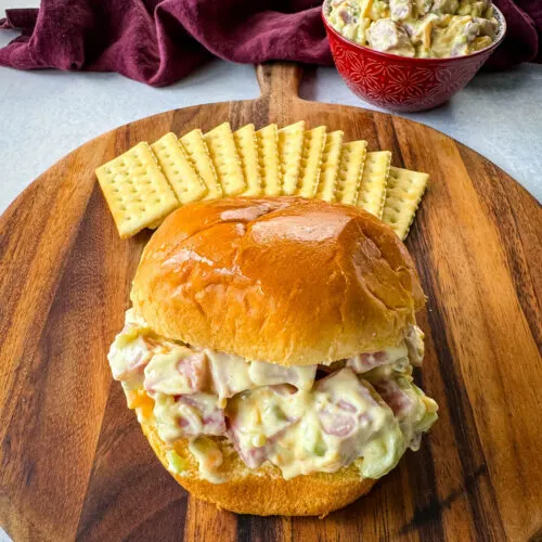 ham salad sandwich on a brioche bun