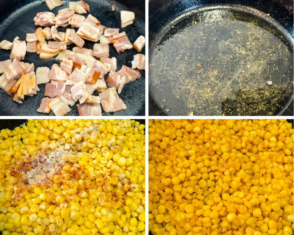 collage of 4 photos with cooked bacon and corn in a cast iron skillet