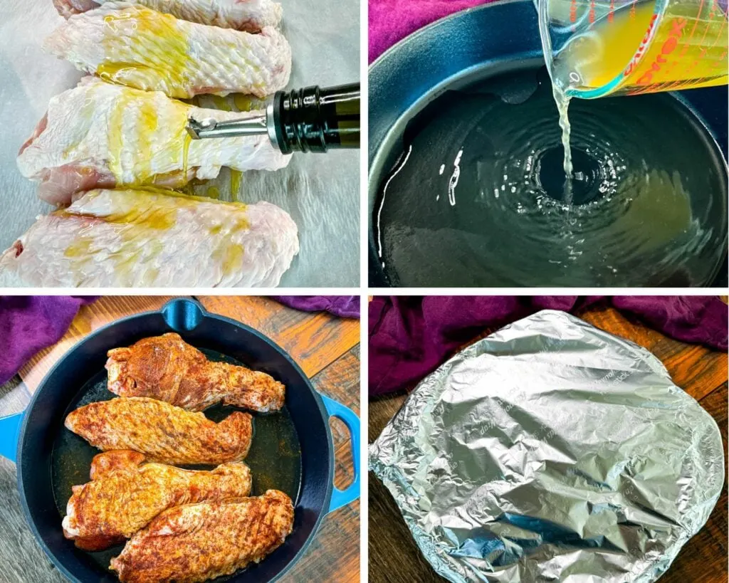 a collage of 4 photos with raw turkey wings drizzled in olive oil and seasoned with spices in a cast iron skillet covered with foil