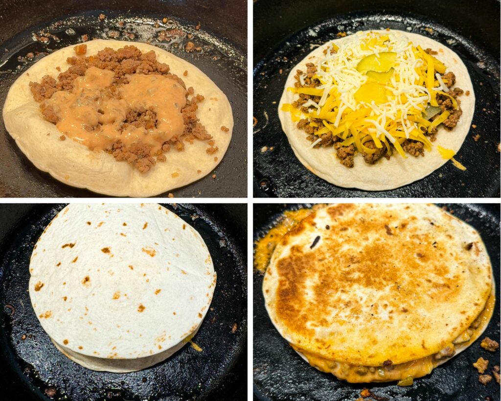 collage of 4 photos with cheeseburger quesadilla in a cast iron skillet
