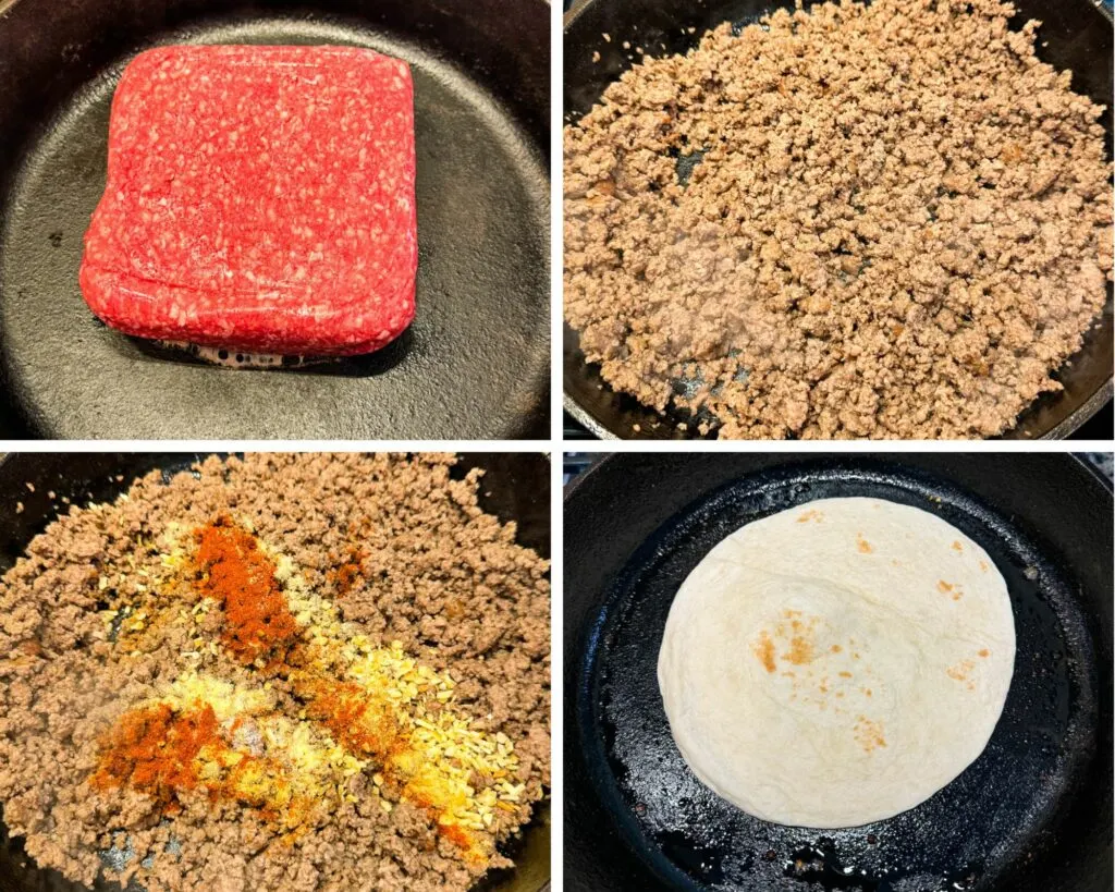 collage of 4 photos with ground beef cooked and seasoned in a cast iron skillet