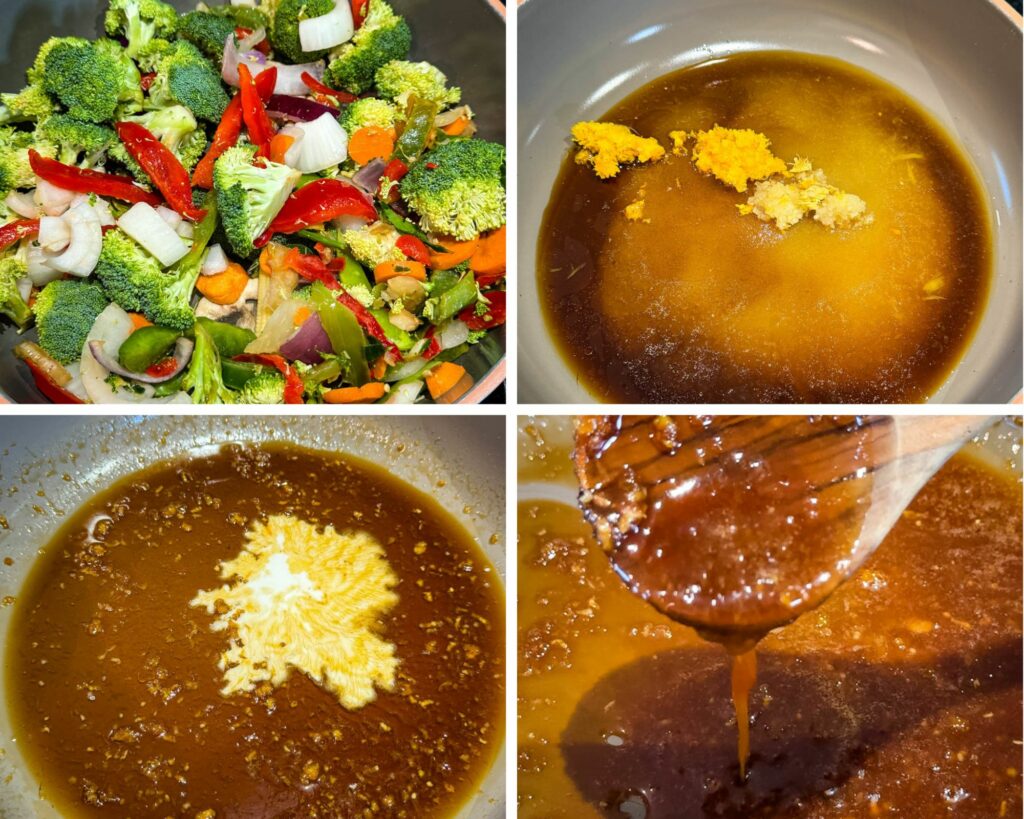collage of 4 photos with stir fry vegetables and orange sauce in a skillet
