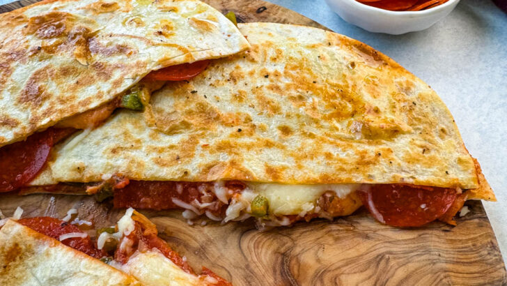 pizza quesadillas with pepperoni on a flat surface