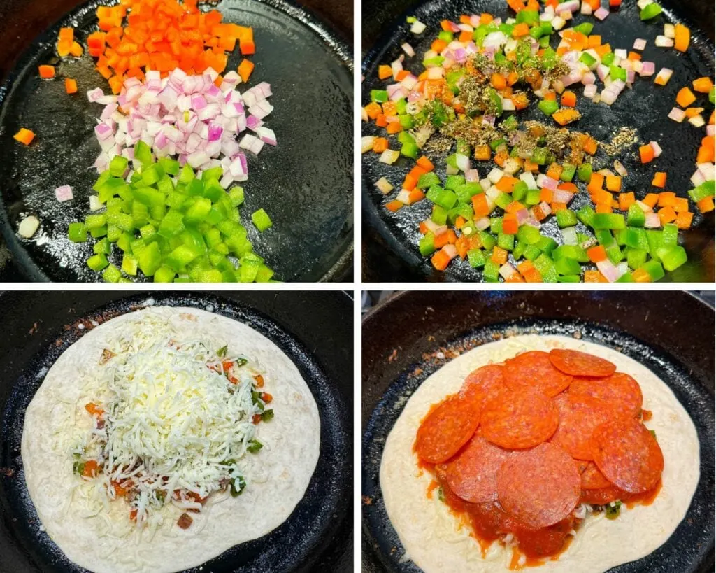collage of 4 photos with sauteed veggies and a pizza quesadilla in a cast iron skillet