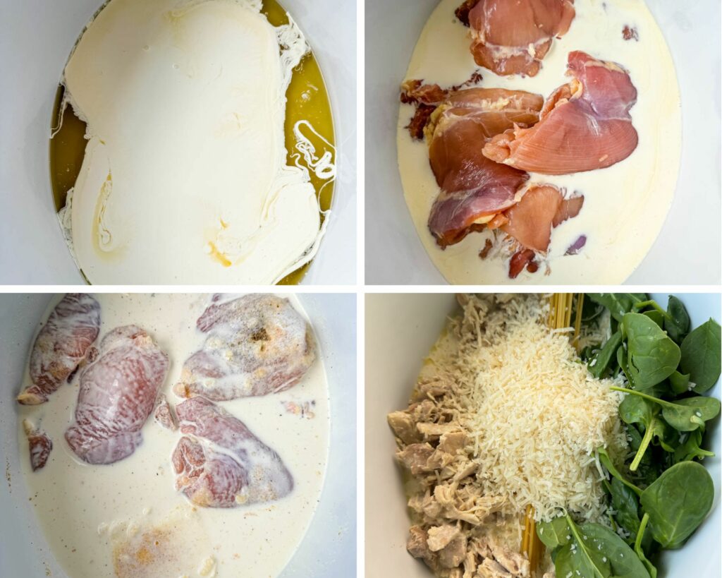 collage of 4 photos with homemade alfredo sauce and chicken thighs in a Crockpot slow cooker