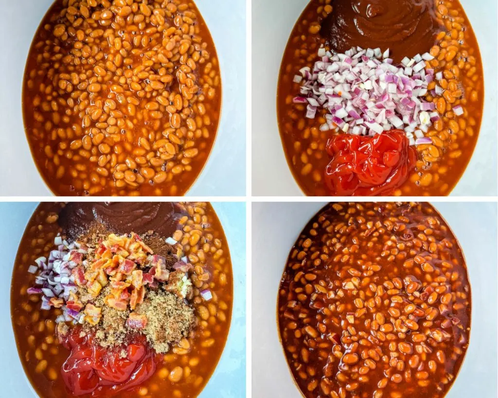 collage of 4 photos with baked beans, BBQ sauce, and spices in a Crockpot slow cooker