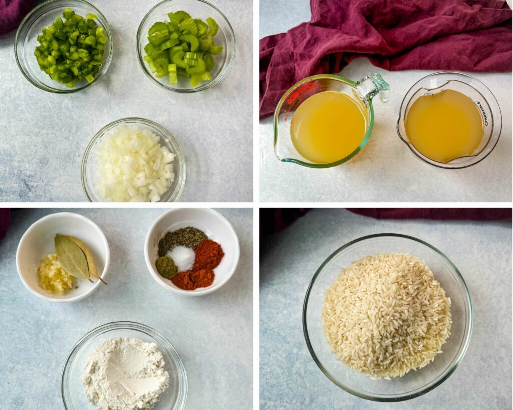 collage of 4 photos with diced celery, onions, bell peppers, chicken broth, garlic, flour, and white rice in separate glass bowls