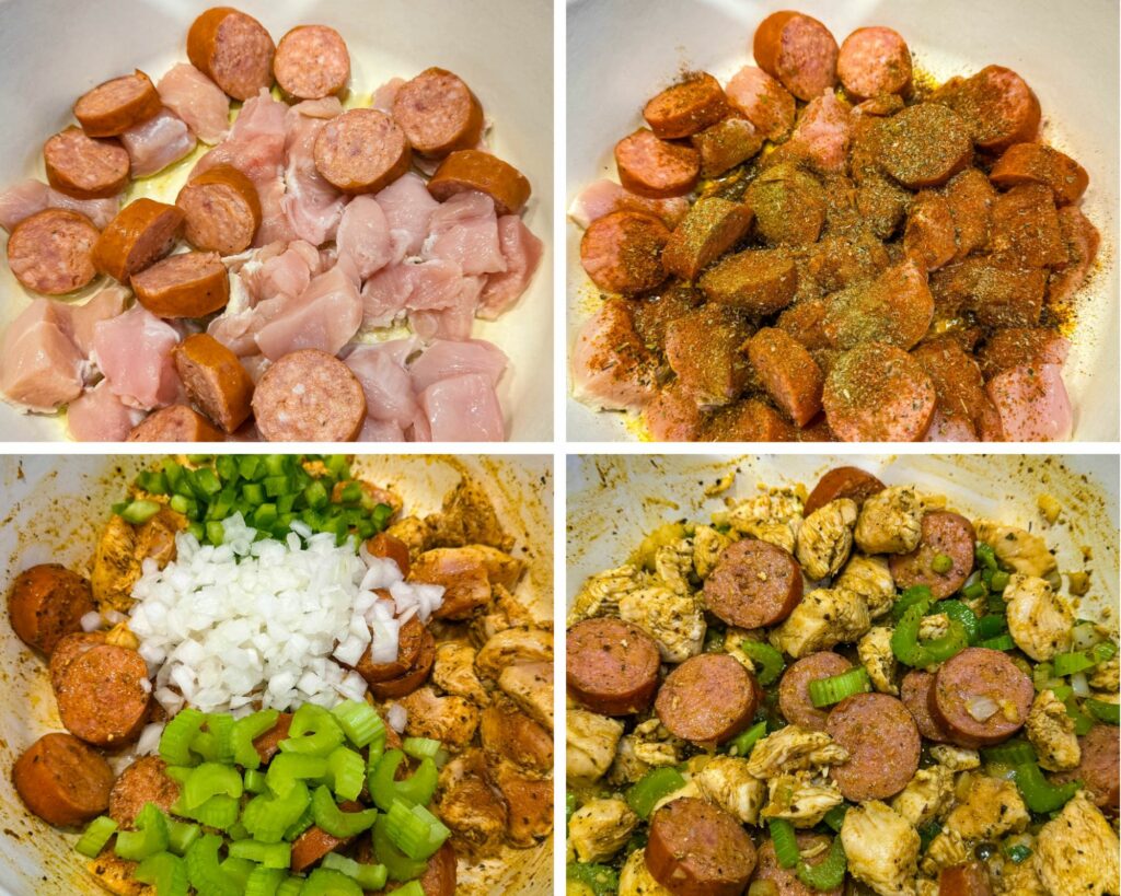 collage of 4 photos with cooked sausage, chicken thighs, green peppers, onions, spices, and rice in a Dutch oven
