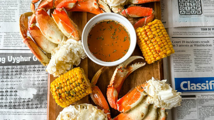 Dungeness crab legs on a platter with corn on the cob and lemon garlic butter sauce