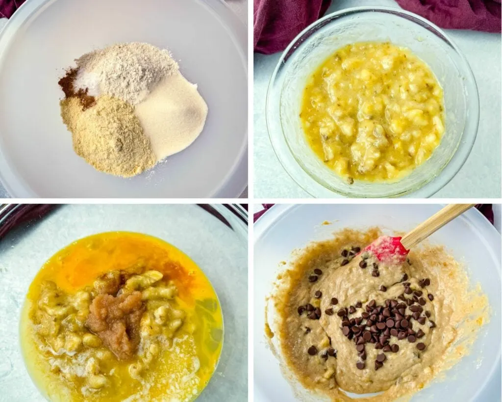 collage of 4 photos with dry ingredients and wet ingredients for muffins in separate bowls