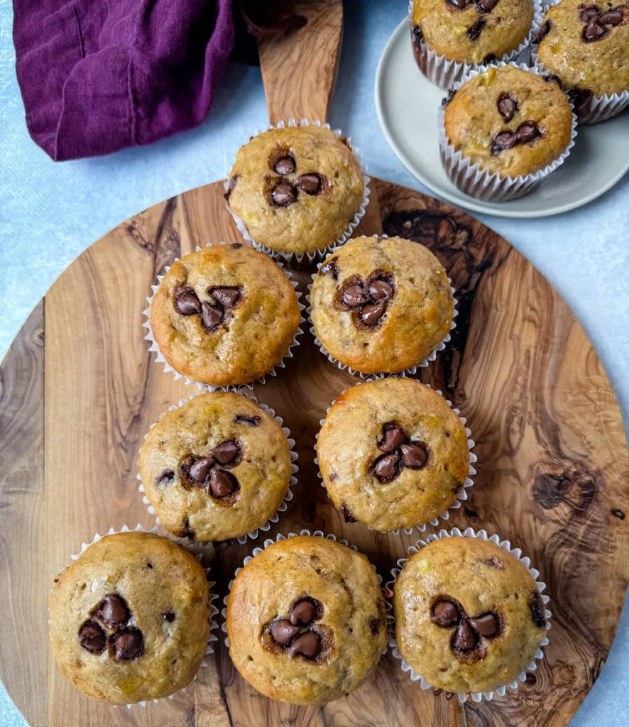 banana protein muffin with chocolate chips on a flat surface