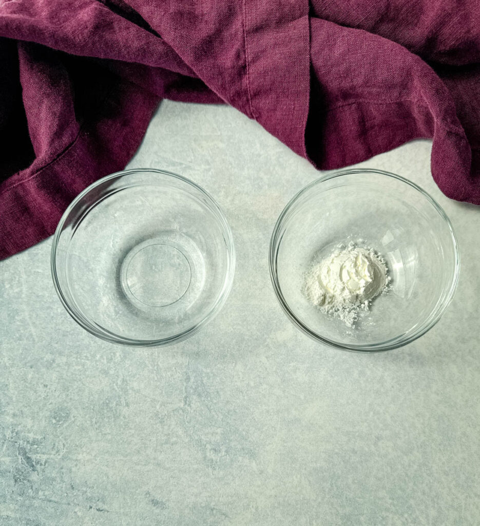 cornstarch and water in separate glass bowls