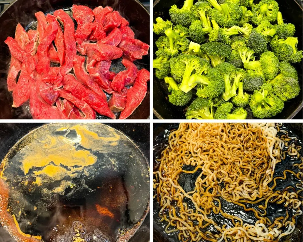 collage of 4 photos with flank steak, broccoli, stir fry sauce, and ramen noodles in a cast iron skillet