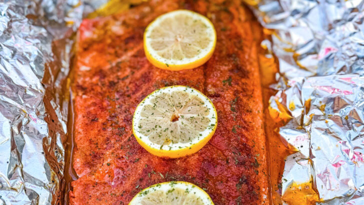 grilled salmon in foil with fresh lemons