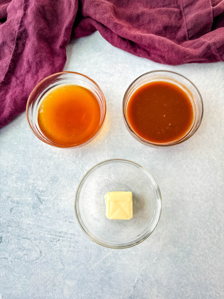 honey, hot sauce, and butter in separate glass bowls