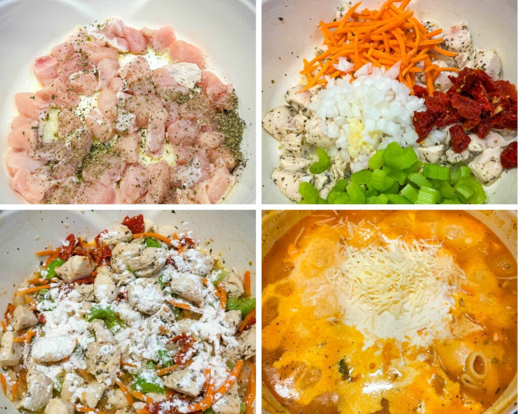 collage of 4 photos with chicken, vegetables and broth in a Dutch oven
