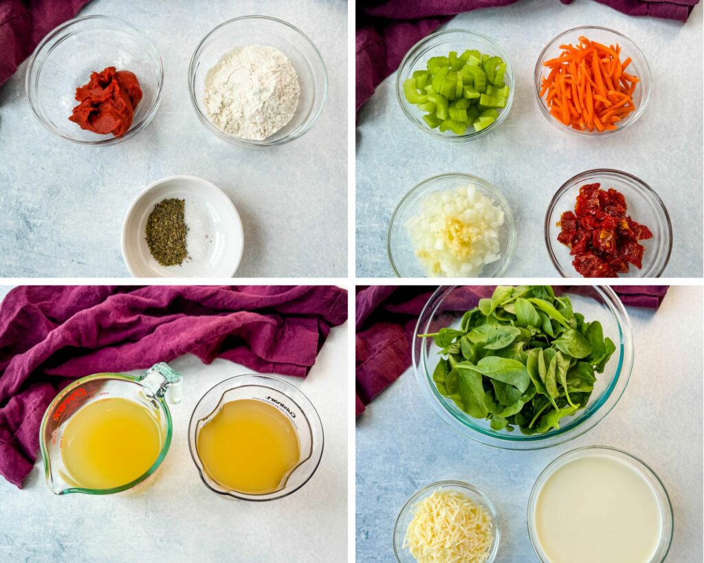collage of 4 photos with tomato paste, onions, Italian seasoning, celery, carrots, onions, sundried tomatoes, fresh spinach, grated parmesan cheese, and heavy cream in separate glass bowls