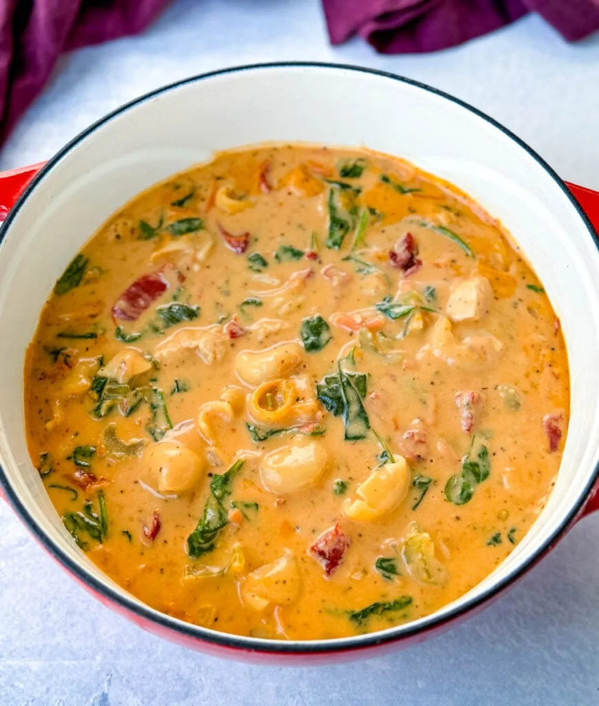 marry me Tuscan chicken soup in a red Dutch oven