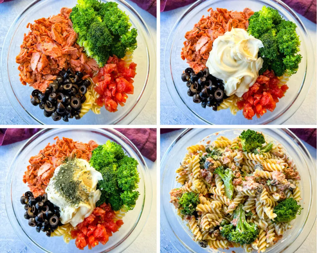 salmon pasta salad with broccoli, mayo, ranch seasoning, and tomatoes in a glass bowl