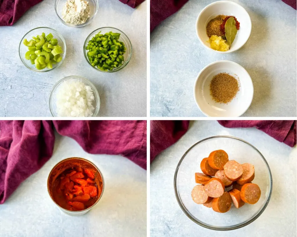 flour, chopped green peppers, chopped celery, and chopped white onions, diced sausage, and tomatoes in separate glass bowls