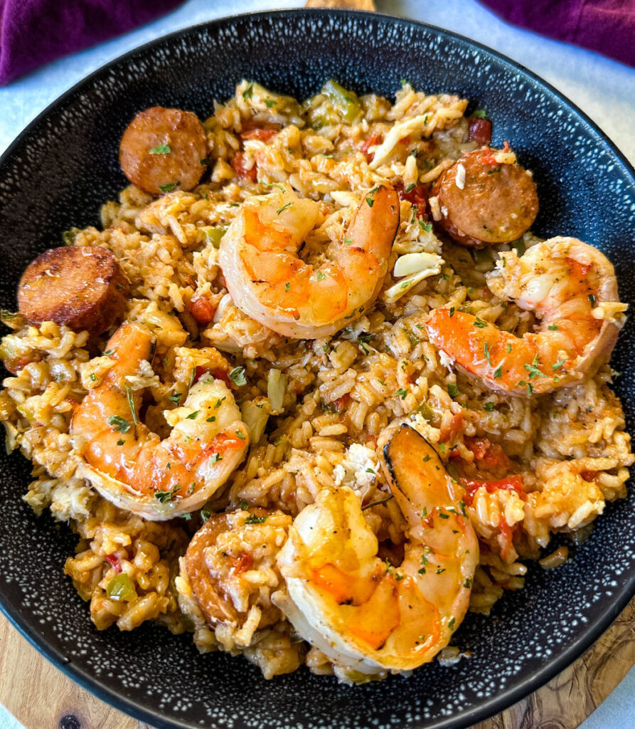 Creole shrimp jambalaya with crab in a bowl