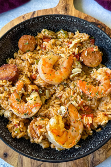 Creole shrimp jambalaya with crab in a bowl