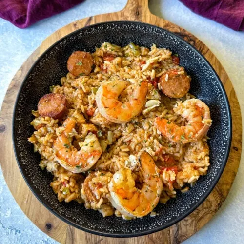 Creole shrimp jambalaya with crab in a bowl