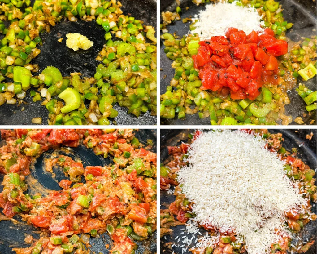 collage of 4 photos with uncooked seafood jambalaya in a cast iron skillet