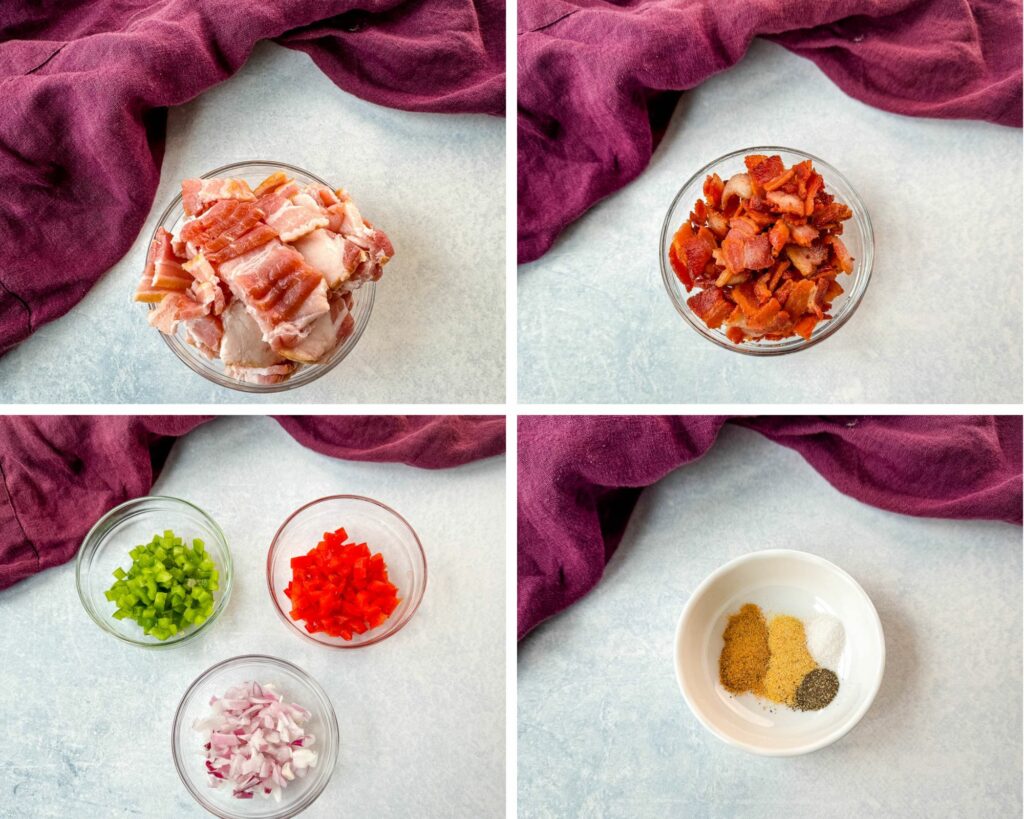collage of 4 photos with bacon, diced bell peppers, diced onions, and spices in separate bowls