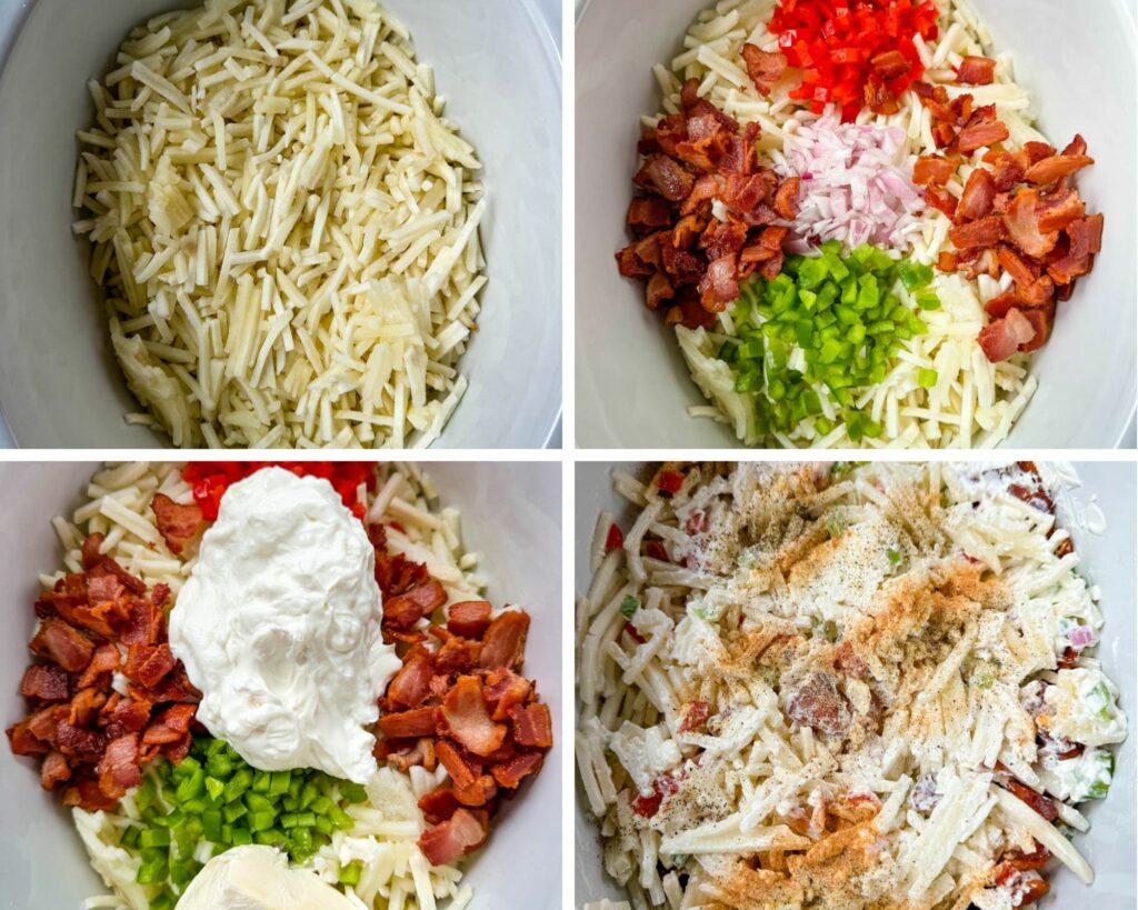 collage of 4 photos with frozen hash browns, bell peppers, onions, cream cheese, and sour cream in a white Crockpot slow cooker