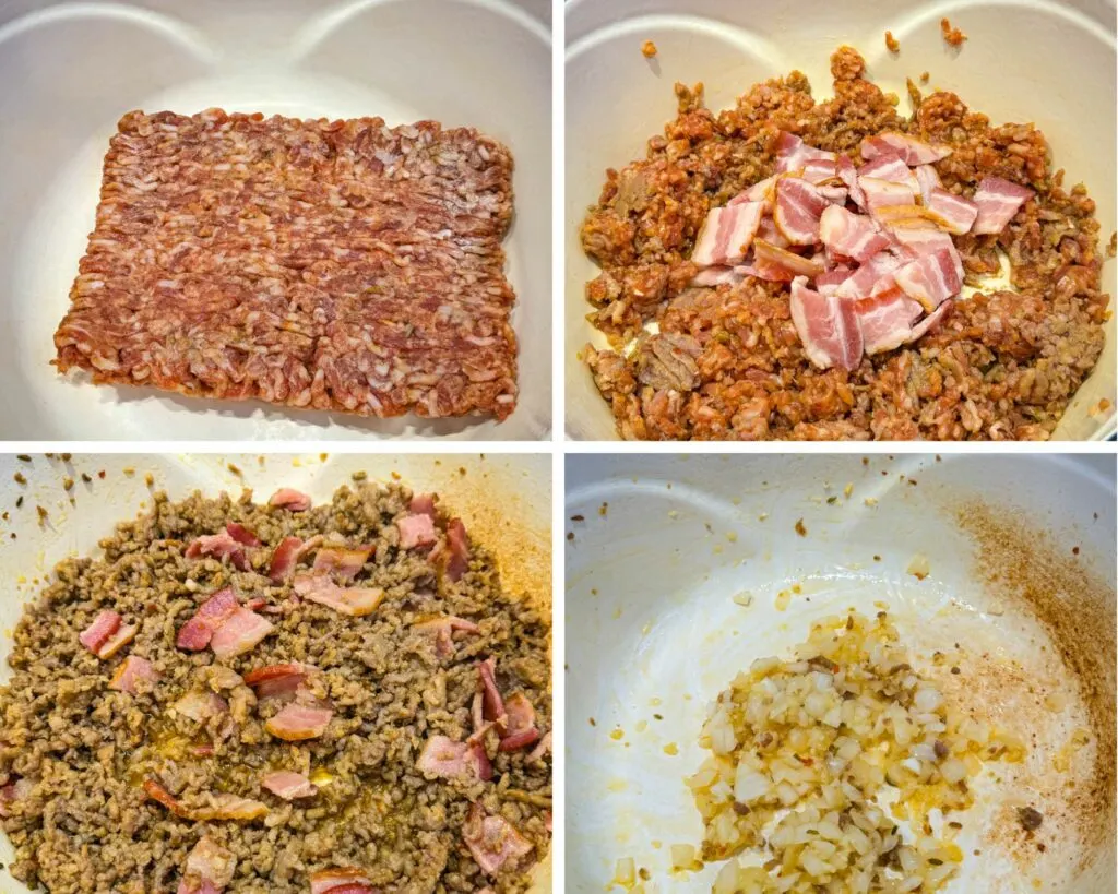 collage of 4 photos with ground Italian sausage and bacon in a Dutch oven