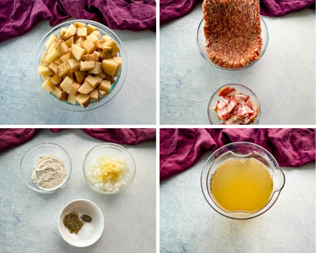 diced russet potatoes, ground Italian sausage, diced raw bacon, garlic, diced white onions, flour, oregano, and broth in separate glass bowls