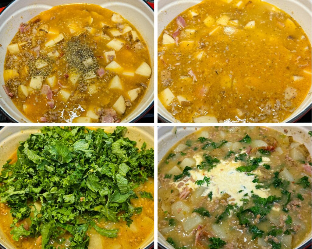 collage of 4 photos with uncooked Italian sausage soup in a Dutch oven