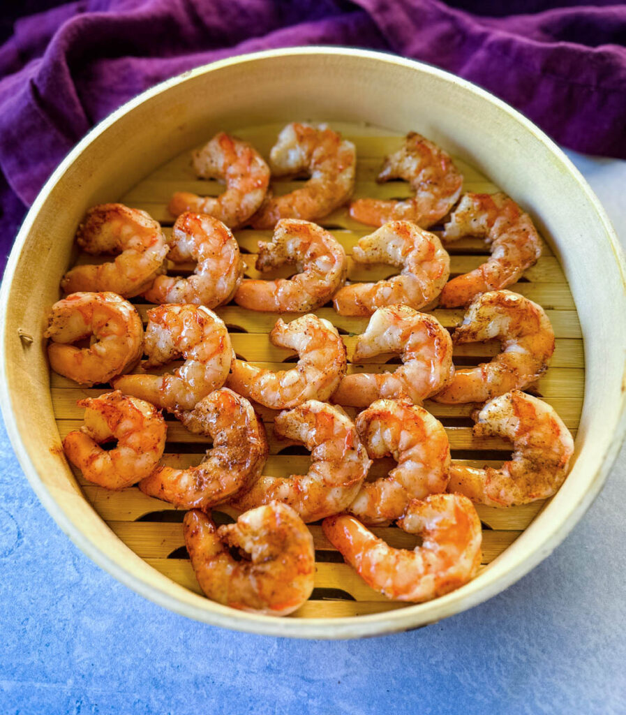 steamed shrimp in a steaming basket