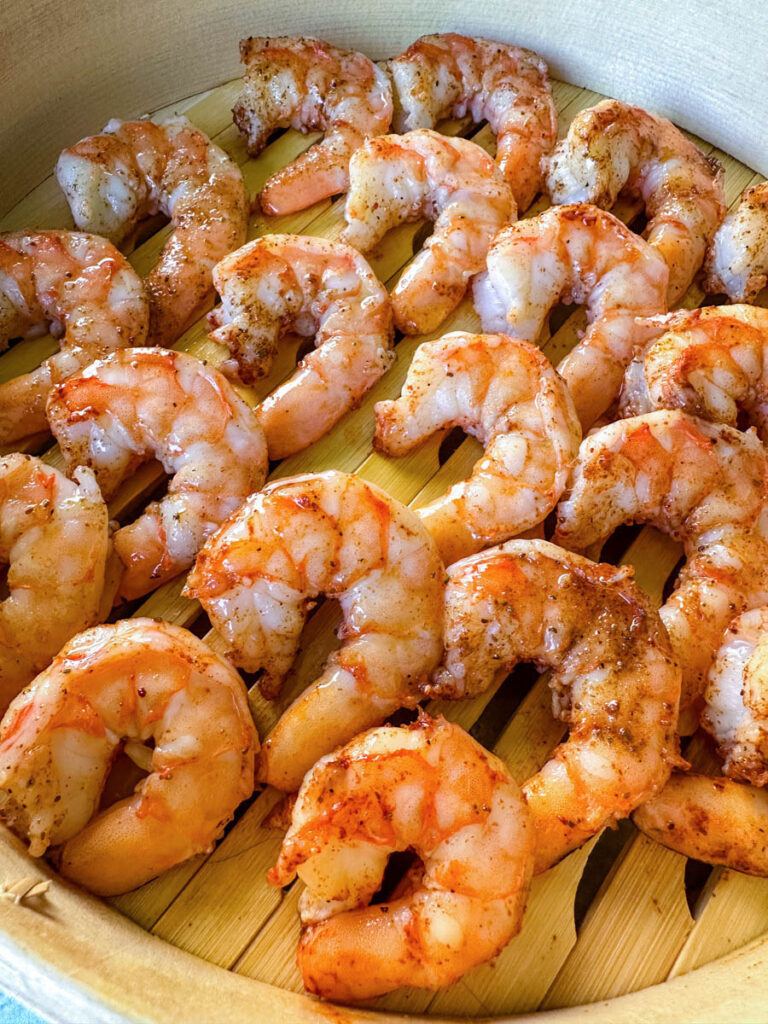 steamed shrimp in a steaming basket